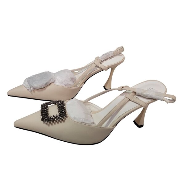 Vivianly Women's Beige Pointed Toe Slingback Stiletto Heels With Rhinestone 10 - Picture 5 of 14